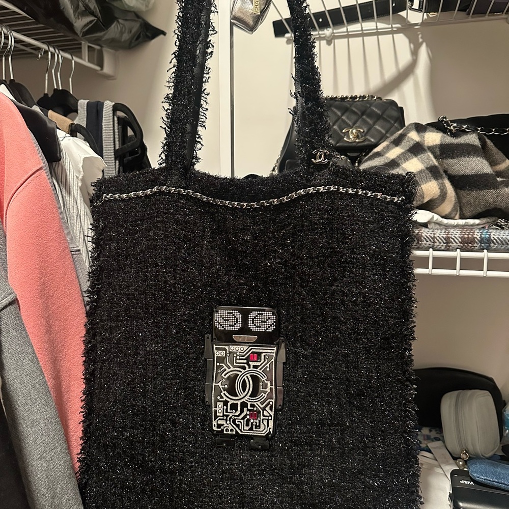 Chanel Black Tweed Robot Tote Shopping Bag